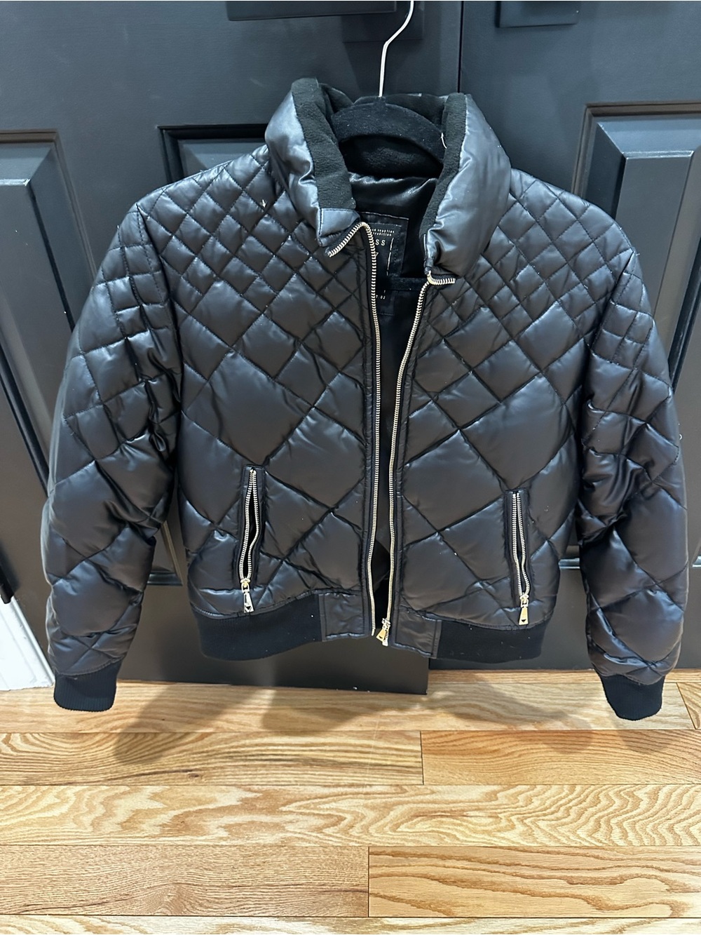 Guess Black Quilted Jacket with Silver Zipper